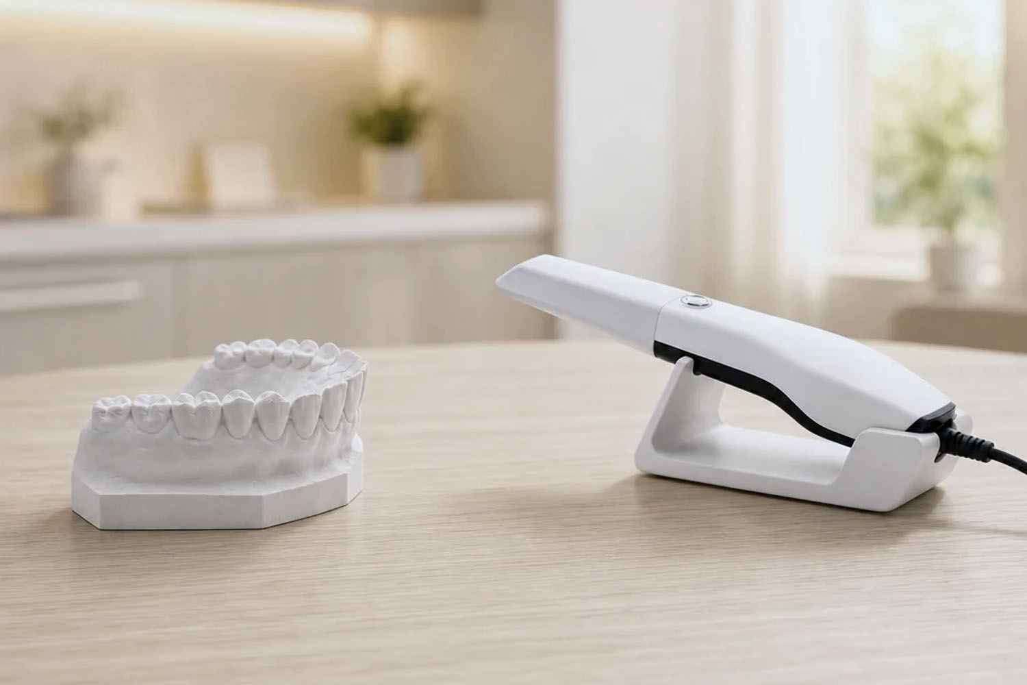Escáner intraoral junto a un modelo de yeso sobre el mostrador de una clínica dental.